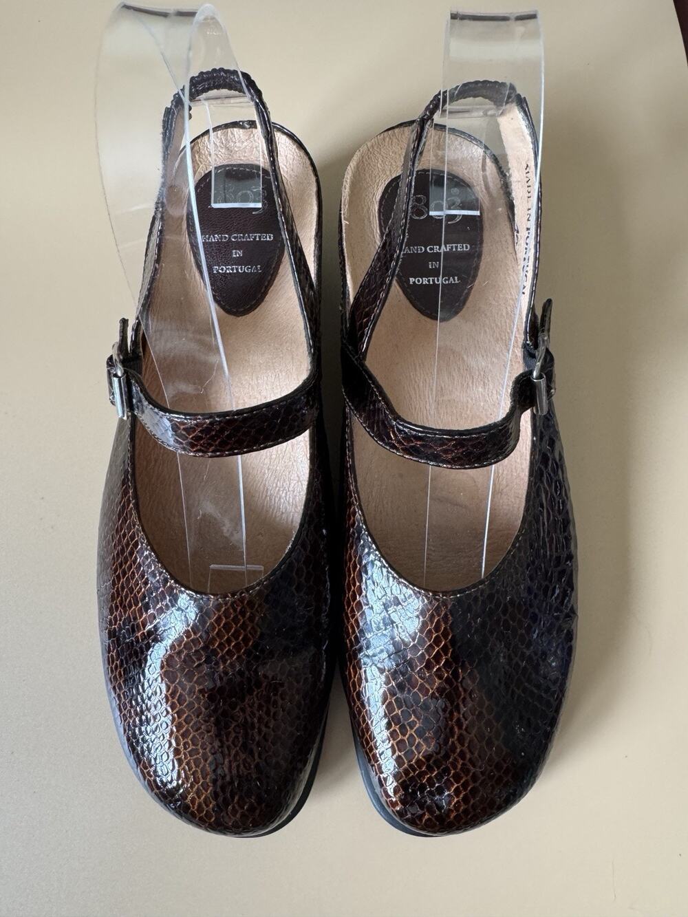 1803 Womens Mary Jane Slingback Clog Brown Snake Patent‎ Leather EU 40 US 9